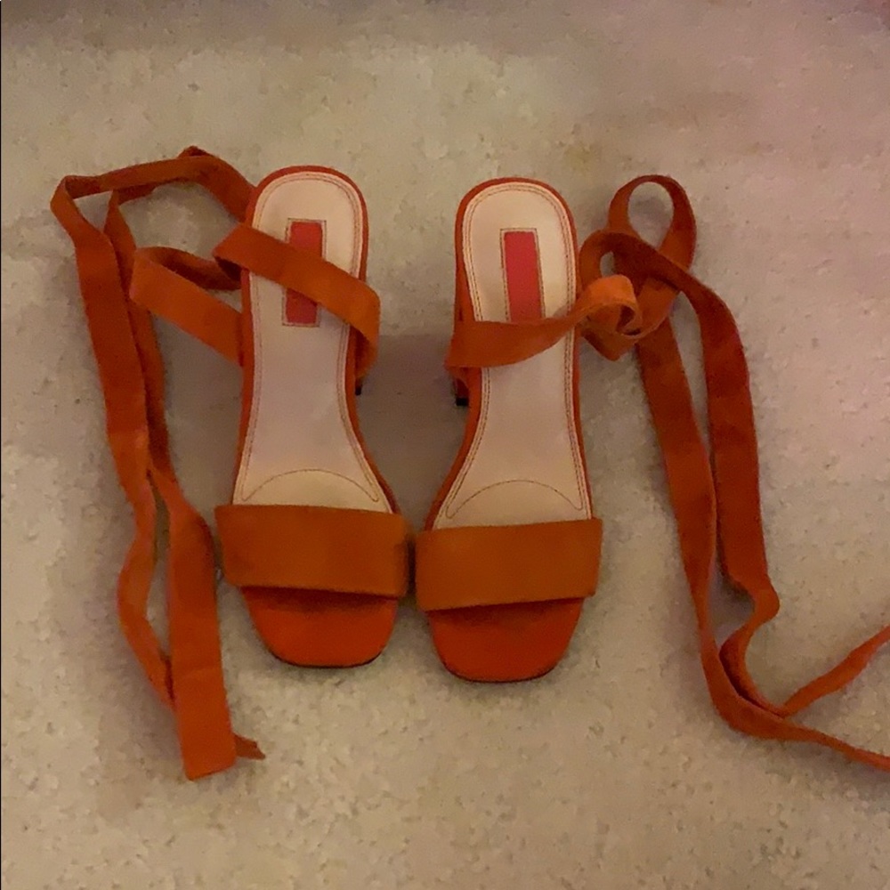Burnt Orange Suede Ankle Tie Block Heel Sandal